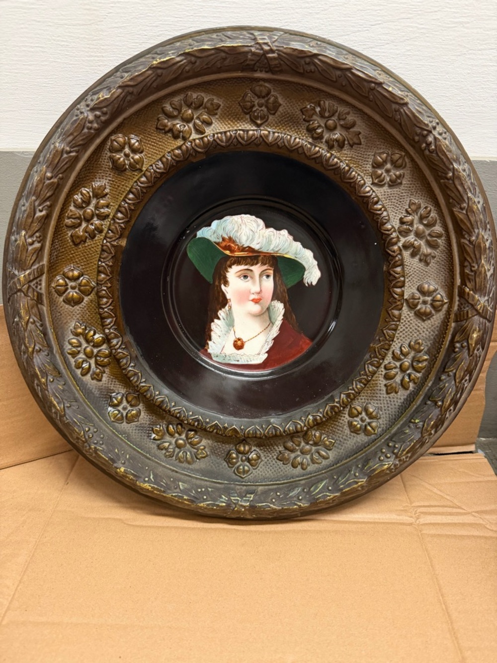 Victorian Portrait Hand Painted Porcelain Plate Decorative Brass Frame Antique